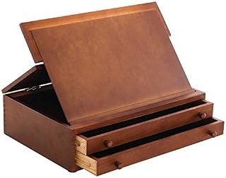 US Art Supply Walnut 2-Drawer Adjustable Wooden Storage Box with Fold Up Solid