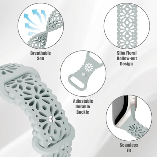 Image of 4 Pack Slim Lace Silicone Bands Compatible for Apple Watch 38mm 40mm 41mm 42mm 44mm 45mm 46mm 49mm, Thin Hollow-out Floral Breathable Strap for iWatch Series 11 /10 /9 /8 /7 /6 /5 /4 /3 /2 /1Ultra SE Women Men