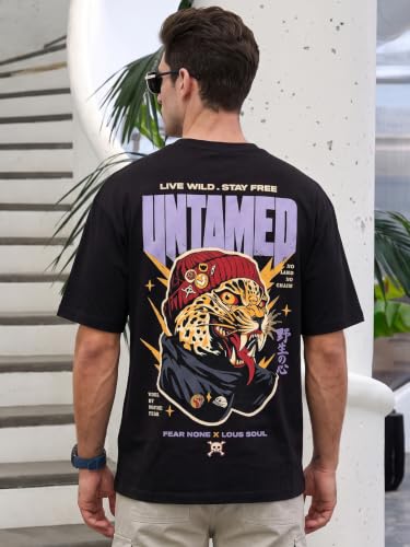 Image of Veirdo Men Bold Front & Back Printed Oversized Fit T-Shirt for Men, Cotton Fabric, Drop-Shoulder Streetwear Casual Graphic Tee, Stylish & Comfortable (OS VD UNTM BRN S)