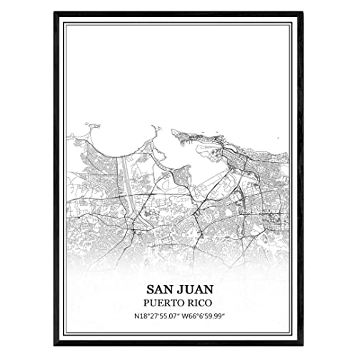 TANOKCRS San Juan Puerto Rico Mapa de pared arte lienzo impresión cartel obra de arte sin marco moderno mapa en blanco y negro recuerdo regalo decoración del hogar -16x20 inches