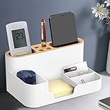 ALMEKAQUZ Stationery Storage Box For Office Desktop, Divided Organizer, Plastic Pen Container for Office Supplies,Stationery Stand Storage Box for Countertop and Bathroom Accessories Storage (White)