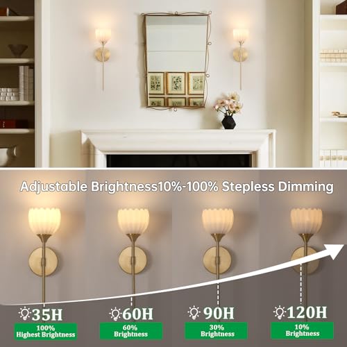 Image of Shenmoyl Battery Operated Wall Sconce Set of 2, White Tulip Vintage Wall Light Fixture Rechargeable 5000mAh Battery Powered Wall Lamp with Remote for Living Room Bathroom