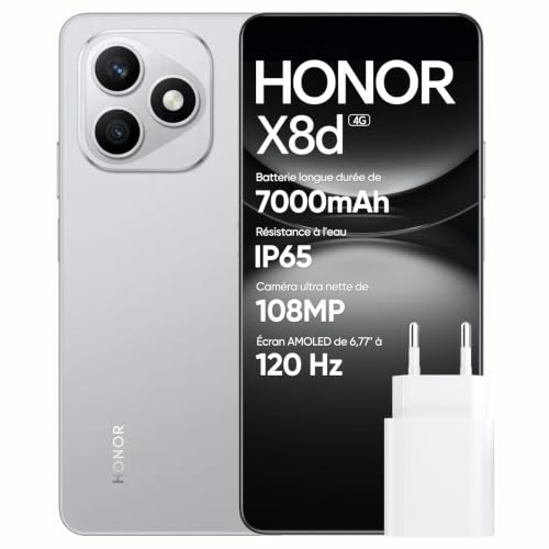 HONOR X8d Smartphone, Écran AMOLED 6,77" 3000 nits,8+256GB, Appareil Photo 108MP, Batterie 7000mAh, Charge 45W, Résistance à l’Eau IP65 (Grey, 256, GB, 8, Go)