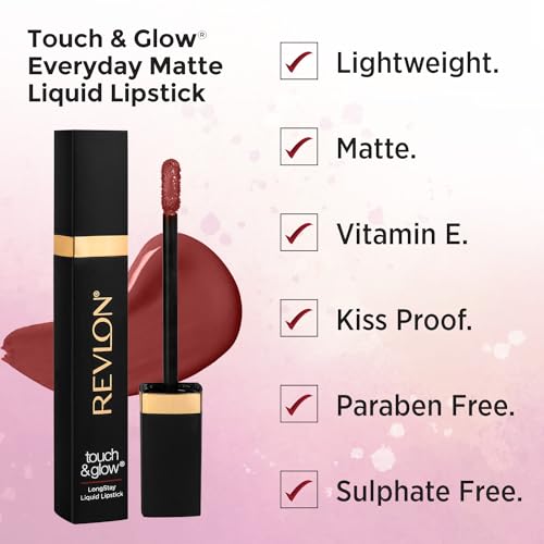 Image of Revlon Touch & Glow Everyday Matte Liquid Lipstick|Lightweight, Transferproof, Kiss Proof, Non Sticky infused Vitamin E|Parabeen & Sulphate free -Maroon Monarch (Pack of 2)
