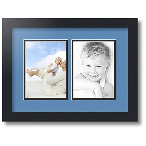 ArtToFrames Collage Photo Frame Double Mat with 2-5x7 inch Openings with Black Frame and Liberty Blue Top Mat