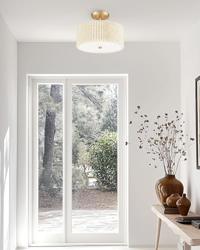 Image of Gold Semi Flush Mount Ceiling Lights, 3-Light 12.5 inch Light Fixtures Ceiling Mount with Pleated Linen Fabric Shade, Drum Lighting Fixture for Hallway Nursery Bedroom Kitchen, AD-25036-3SF-GD-B