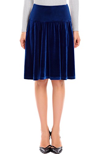 Womens Blue Velvet High Waist Half Length Flared Skirt