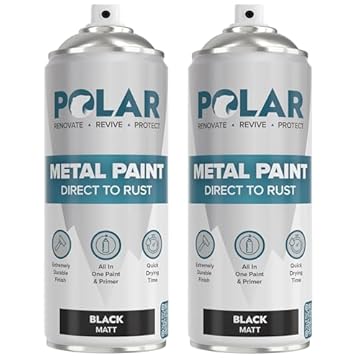 Polar Direct to Rust Metal Spray Paint - Durable All-in-One Paint & Primer - For Outdoor & Indoor - Corrosion Resistant, Tough Protection - Metal Primer - Matt Black - 2 x 400ml