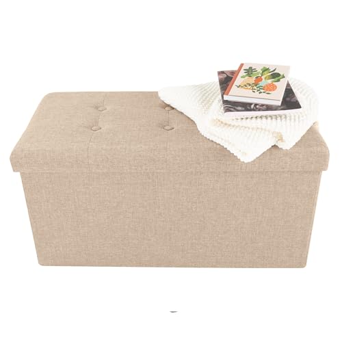 Image of Lavish Home Folding Storage Ottoman - Set of 2 30-Inch Tufted Footrest, Linen Chest, or Bench with Removable Bin for Living Room, Bedroom, or Dorm (Beige)