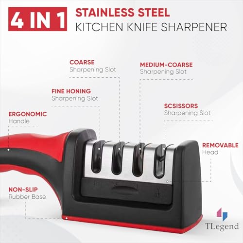 Knife Sharpeners for Kitchen Knives– Stainless Steel 4 in1 Kitchen Knife Sharpener – Ergonomic and Easy to Use Knife Sharpening Kit with 4 Stage Sharpening Slots Black - Image 8