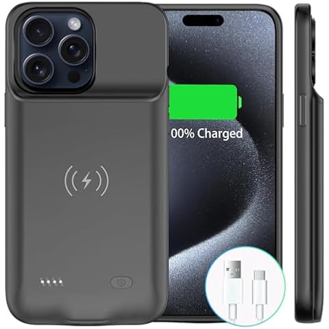 Battery Case for iPhone 15 Pro Max (6.7 inch) 10000mAh Qi Wireless Charging, Slim Extended Backup Rechargeable Charging with Expansion for iPhone 15 Pro Max, Black Cover