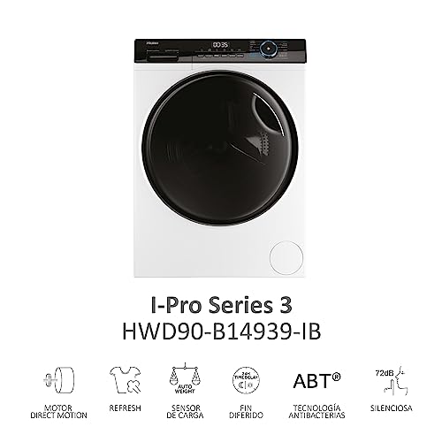 Miniatura 2 de Haier I-Pro Series 3 Hwd90-B14939-Ib - Lavadora Secadora, Capacidad 9 Kg 6 Kg, Motor Direct Motion, Abt, Refresh, Fin Diferido, Detector Kg, Libre Instalación, 60cm Ancho, 1400 Rpm, Blanco