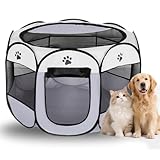 Tierlaufstall Faltbar 74x74x43cm, Welpenlaufstall aus Oxfordgewebe & Atmungsaktivem Netzstoff, für Sowohl Drinnen als Auch Draußen, Katzen, Hunde, Kaninchen und Kleintiere (Graue Hundeklauen)