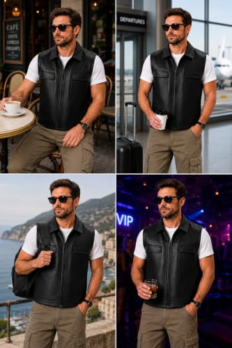 RAXEDO Men's Black Leather Sleeveless Gilet Jacket - Image 7