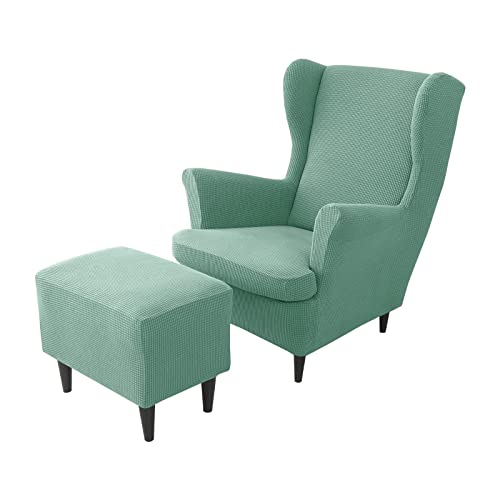Funda para sofá elástica verde claro de 2 piezas para sillón orejero con protector de otomana