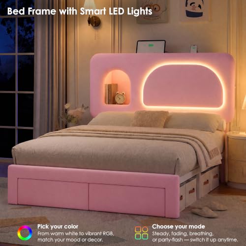 Image of Full Storage Bed Frame with Bookcase Headboard & Charging Station, Beige