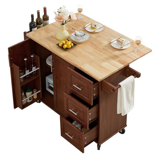 Rovibek 54" Rolling Kitchen Island Cart with Storage, Folding Countertop, 3 Drawers & Removable Shelves, Mobile Kitchen Islands on Wheels with Spice & Towel Racks, Walnut Brown