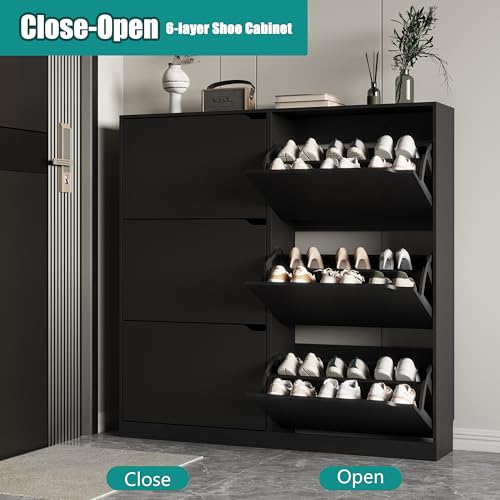 Image of Xixini Shoe Storage Cabinet for Entryway with 6 Flip Drawers, Sturdy Wood Hidden Shoe Storage, Freestanding Narrow Slim Shoe Organizer for Front Door Entrance, Living Room, Hallway, Bedroom, Black