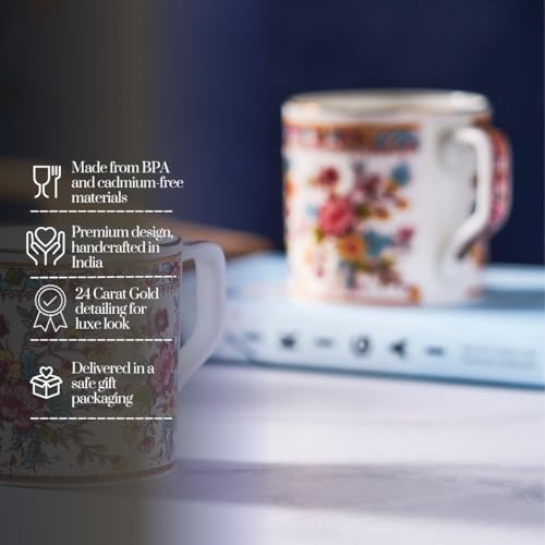 Image of GOLDEN QUEEN'S Tea Cups Set of 6 | Ideal for Everyday Tea and Coffee, Enhancing Your Daily Rituals | Handcrafted & 24K Gold on Rim - Victorian Bloom