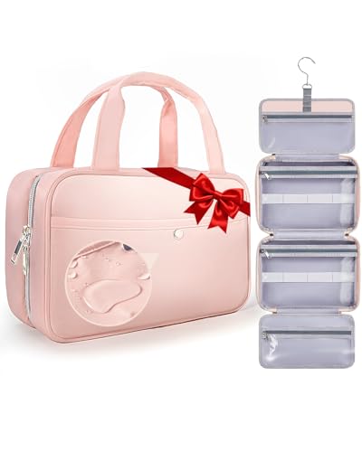 Chakipee Travel Hanging Toiletry Bag for Women - Waterproof Cosmetic Organizer with Clear Window, Lightweight Bathroom Bags for Essentials, Makeup, Shampoo, Toiletries Pink, Medium
