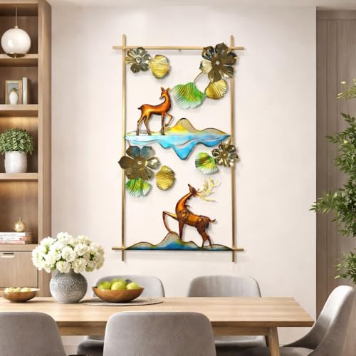 Image of SHREE 'O' GREEN TECH - Iron Large Handcrafted Metal Golden Deer Wall Art Leaf Frame Showpiece Multicolor Decor for Home, Living Room, Drawing Room & Bedroom Decor (Size 48x26 Inch)