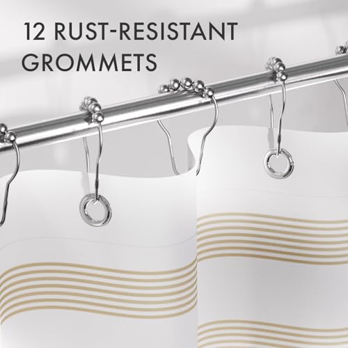 Image of AmazerBath Beige Shower Curtain, 72x72 Washable Cloth Neutral Light Tan Shower Curtain with 12 Hooks, Fabric Khaki and White Striped Set, Farmhouse Bathroom Shower Curtain