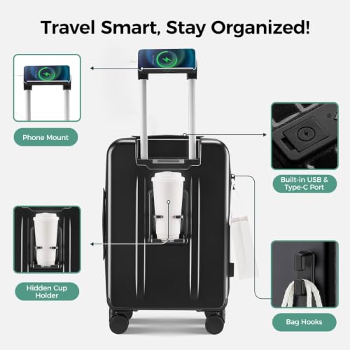 Image of Carry on Luggage Top opening Suitcases, Expandable with Cup&Phone Holder and USB Charging Port,Hardside with Front Pocket Rolling Suitcases with Spinner Wheels & YKK Zippers(Black, 20 Inch)
