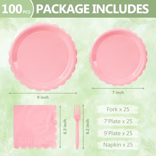 Image of 100 Light Pink Paper Plates and Napkins Disposable for Party, 25-9 inch&25-7 inch