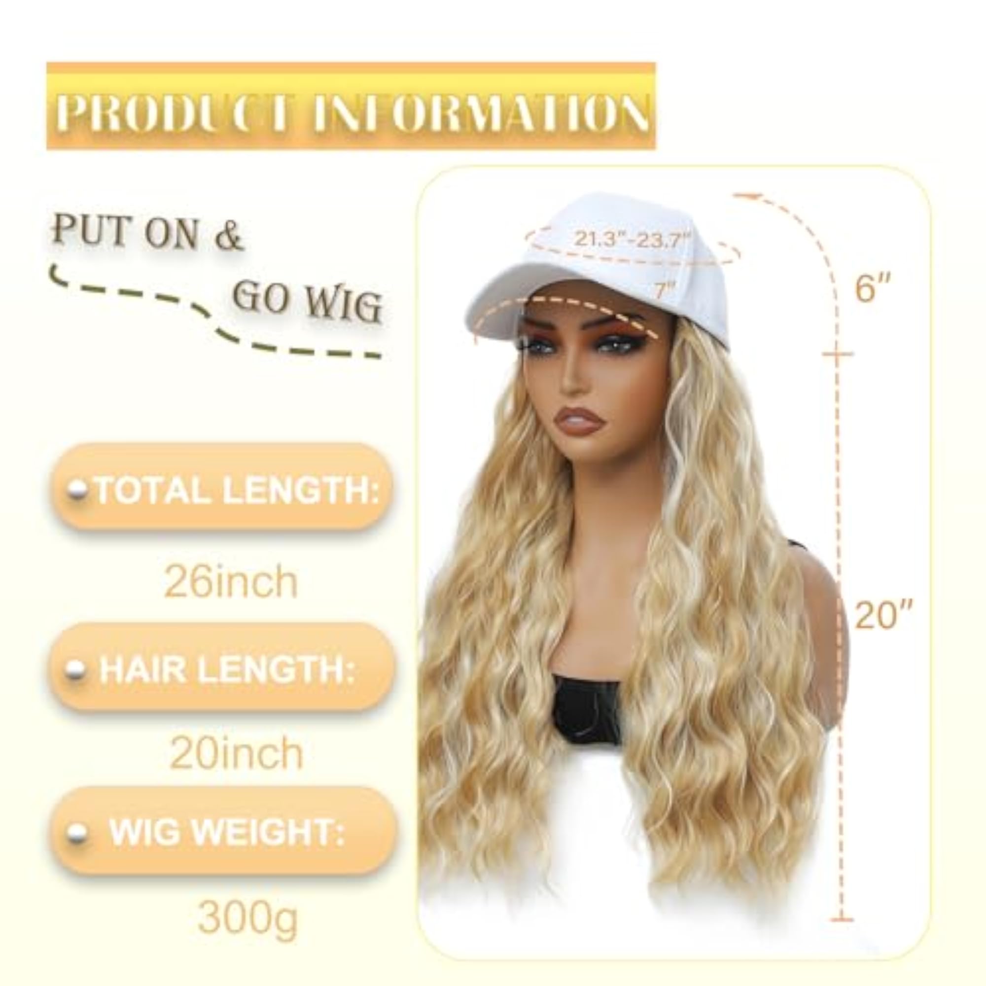 Baseball Cap Wig with Long Wavy Hair, Brown Honey Blonde