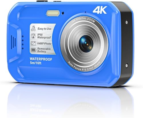 64MP 4K Underwater Digital Camera, 16FT Waterproof Compact Camera with Autofocus, 16X Zoom HD IPS Display & Fill Light, Includes 32GB Memory Card
