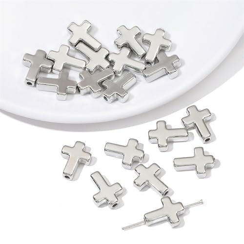 100pcs Silver Cross Beads for Bracelets Cute Unique Acrylic Aesthetic Metal-Look Religious Spacer Beads Bulk DIY Rosary Necklace Bracelet for Jewelry Crafts & Accessories 15mm