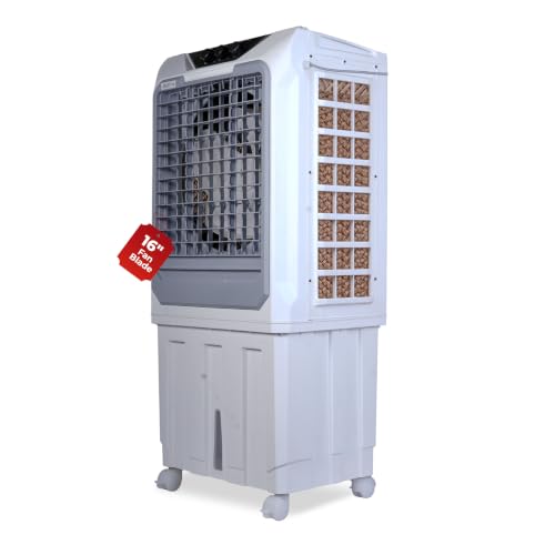 Image of Mighty 16 Desert Air Cooler | 16 Inch Special Bent-Edge Blade, 100L Tank, 5190 m /hr Air Delivery | Covers 350 Sq Ft | Honeycomb Pads, Aluminium Motor, Closed Louvers, Wheels | White & Grey