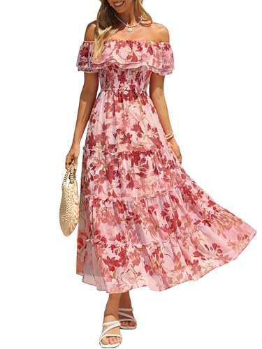 Simplee Womens Spring Ruffle Off Shoulder Floral Maxi Dress Summer Smocked Tiered Beach Flowy Wedding Guest Long Dresses Pink Wine