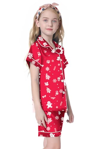 Image of Umeyda Women & Girls Pajamas Set, 2 Piece PJS Satin Silk Sleepwear Button-Down Top with Shorts for Mom Kids Gifts