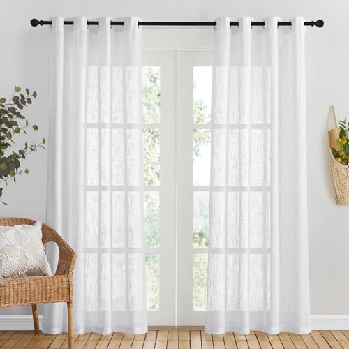 NICETOWN White Sheer Linen Curtain for Windows 84 inch Long, Grommet Top Semi Sheer Vertical Drapes Privacy with Light Filter for Bedroom/Living Room/Dining Room, 52 inch Wide, 1 PC