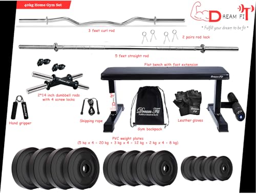 Image of DREAM FIT PVC Home Gym Set - 40 kg with 1 Flat Bench with Foot Extension, 3 ft Curling Rod, 5 ft Straight Rod, 1 Pair Dumbbell rods and Gym Accessories (40kg)