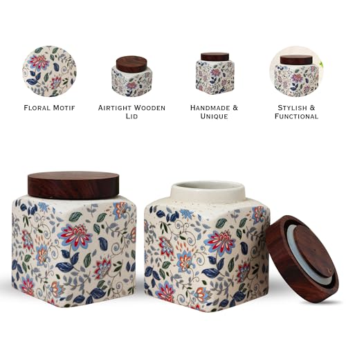 Image of Vistas 'Blue Bloom' Square Airtight 400ml Set of 2 Ceramic Jar for Kitchen Storage | Handcrafted Ceramic Barni with Wooden Lid | Multipurpose Pickle, Spice & Salt Container