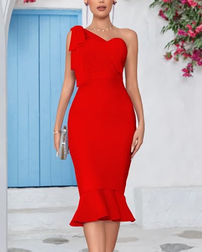 Image of houstil Women's One Shoulder Fishtail Wedding Guest Bandage Dress Mesh Midi Graduation Bodycon Party Club Dresses