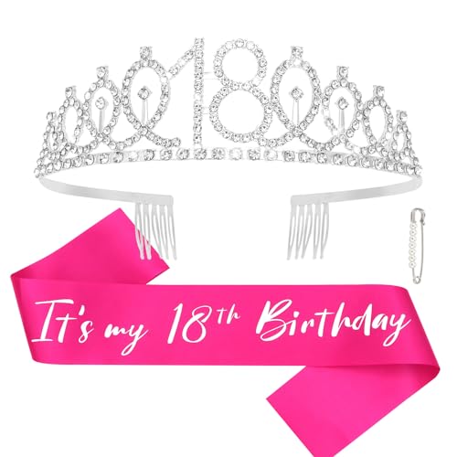 CAVETEE 18th Birthday Crown and Sash Set for Girls and Women - Rhinestone Tiara Party Decorations