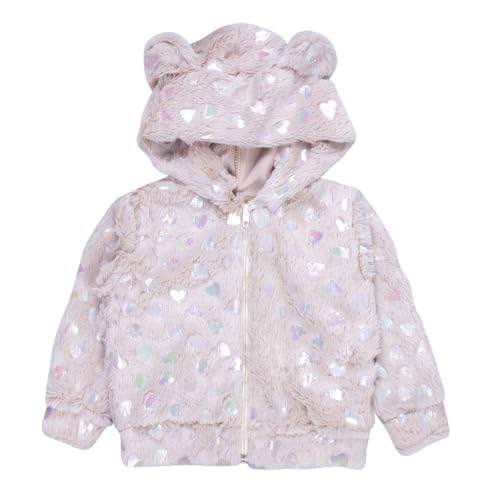 Casaquinho Bebê Peluciado com Capuz e Orelhinhas – Fleece Macio com Corações – 3 a 12 Meses – Era Uma Vez (Bege, 3-6 Meses)