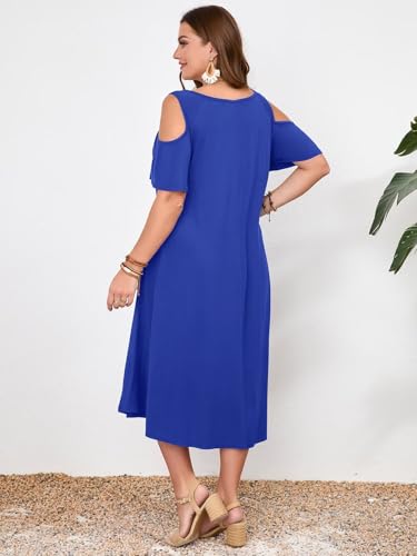 Image of LARACE Plus Size Women Dress for Summer, Midi Women's Sundress, Casual V-Neck Short Sleeve Flowy T-Shirt Dresses with Pockets