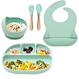 ROSPRETTY Juego Vajilla Bebe Silicona con Ventosa Plato Cuenco y Cuchara Tenedor Babero Set, Baras Vajilla Bebe de Silicona y Ventosa 5 Piezas de Vajilla para Bebe de Aprendizaje, Libre BPA