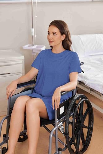 Deyeek Open Back Hospital Gowns for Women Tear Away Short Sleeve Post Surgery Soft Nightgowns for Elderly Women With Pocket2