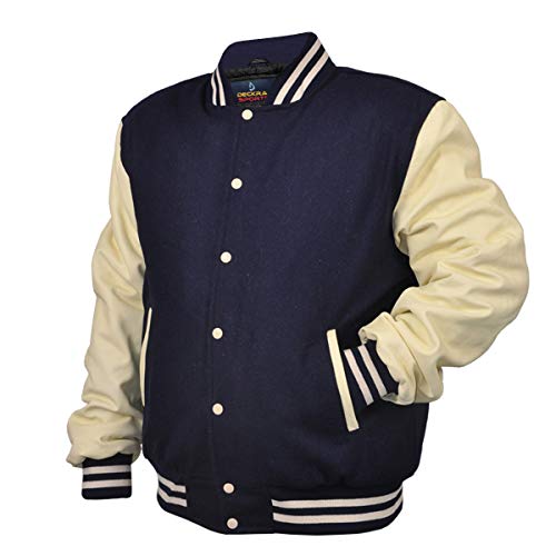 Image of Deckra Men's Varsity Jacket Genuine Leather Sleeve and Wool Blend Letterman Boys College Varsity Jackets XS-5XL