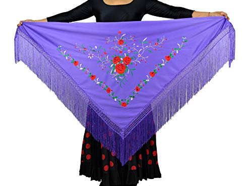 AMINA Medium Peak Shawl Triangular Flamingo or Sevillanas (170 x 70 cm) Lilac with Multi-Coloured Embroidery