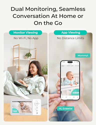 Dr.Care VistaView Lite RB Smart WiFi Baby Monitor with 2 Cameras - 4” 720P Split Screen & 1080P Camera App Control, Motion Alerts, 2500mAh Removable Battery, Night Vision, Multi-User, Triple Security