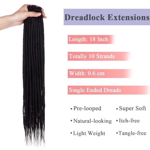 Leeven 18 Inch Dreadlock Extension 10 Strands Synthetic Single Ended Dreads Soft Handmade 0.6 Width Reggae Dreadlocks Black Hippie Dreads extensions /1B# - Image 3