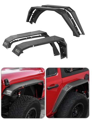 Flat Front & Rear Fender Flares Compatible with 2018-2025 Jeep Wrangler JL & JLU Unlimited 2/4Doors (No fit 2020+ Gladiator JT) Off-Road Mud Guards Wheel Flares Liner Set w/LED Lights
