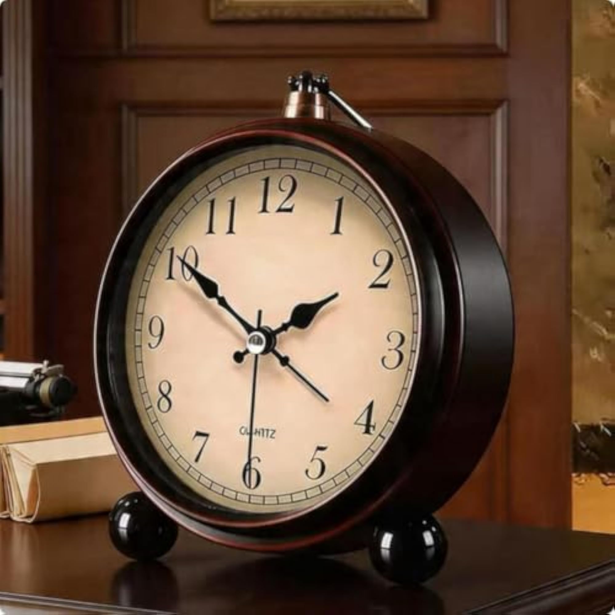 Copper-Toned Rim Vintage Alarm Clock, Round Dial