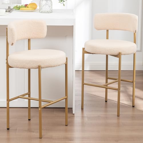 Image of Cinxzar Boucle Bar Stools Set of 2, Beige Counter Height Bar Stools with Backs, Gold Modern Barstools for Kitchen Island, Pub, Club